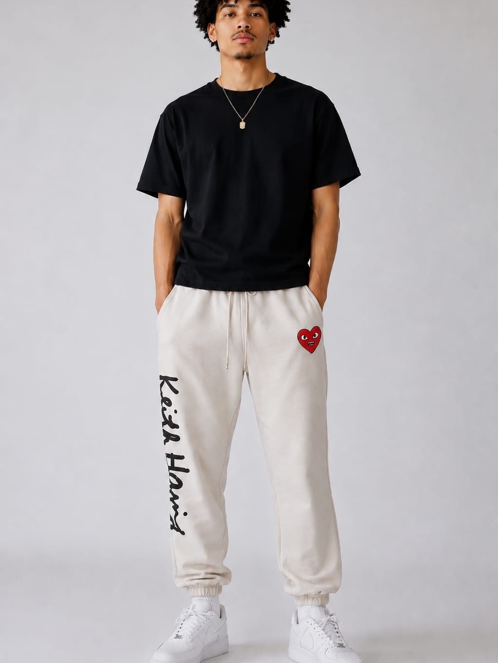 Keith Haring Cream Graphic Joggers with Red Heart